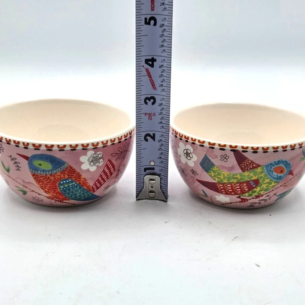Pier 1 Imports Set of 2 Pink‎ Bird Ironstone Cereal Candy or Snack Bowls